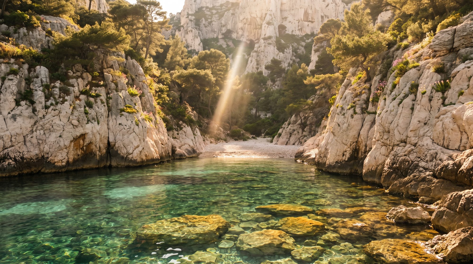 A wild calanque — white limestone walls, pines above, and clear green water over the rocks