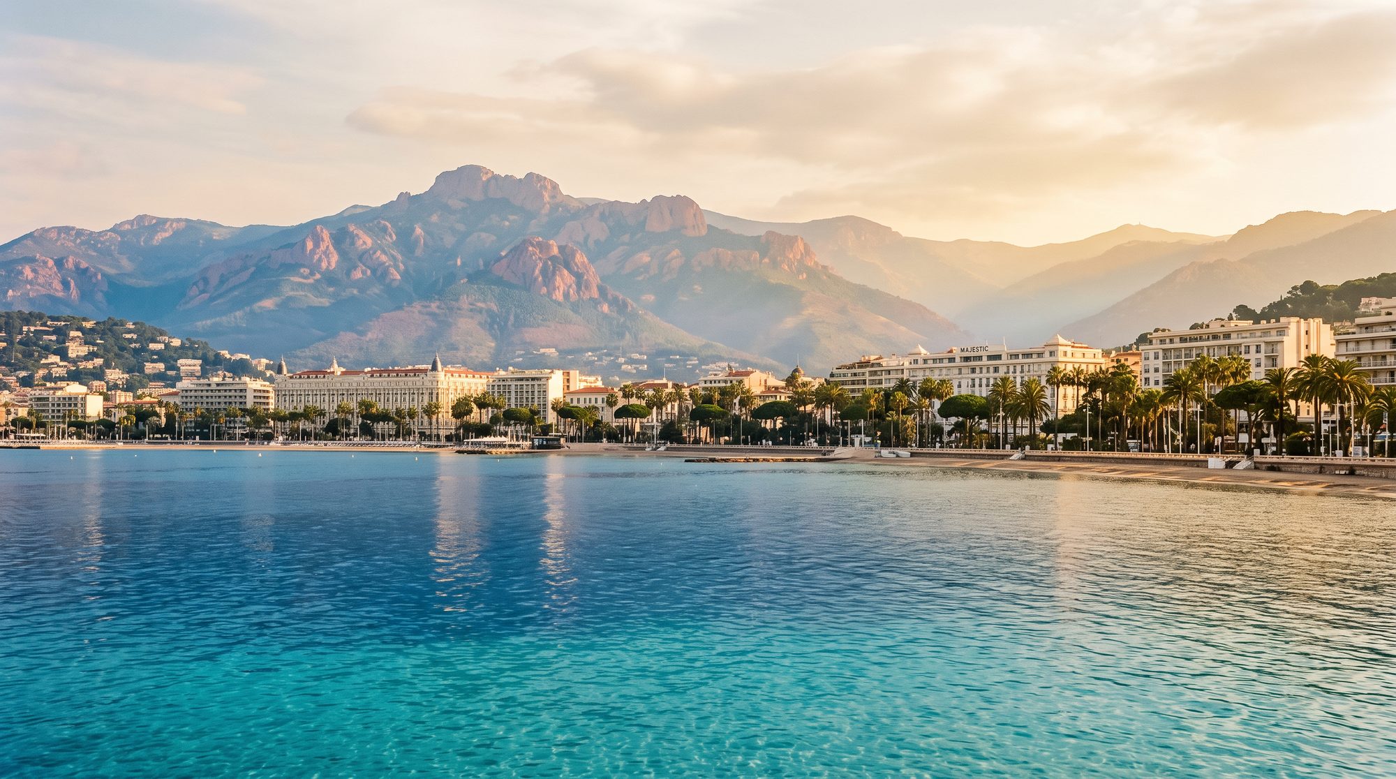 The bay of Cannes with the red Estérel hills layered in haze beyond