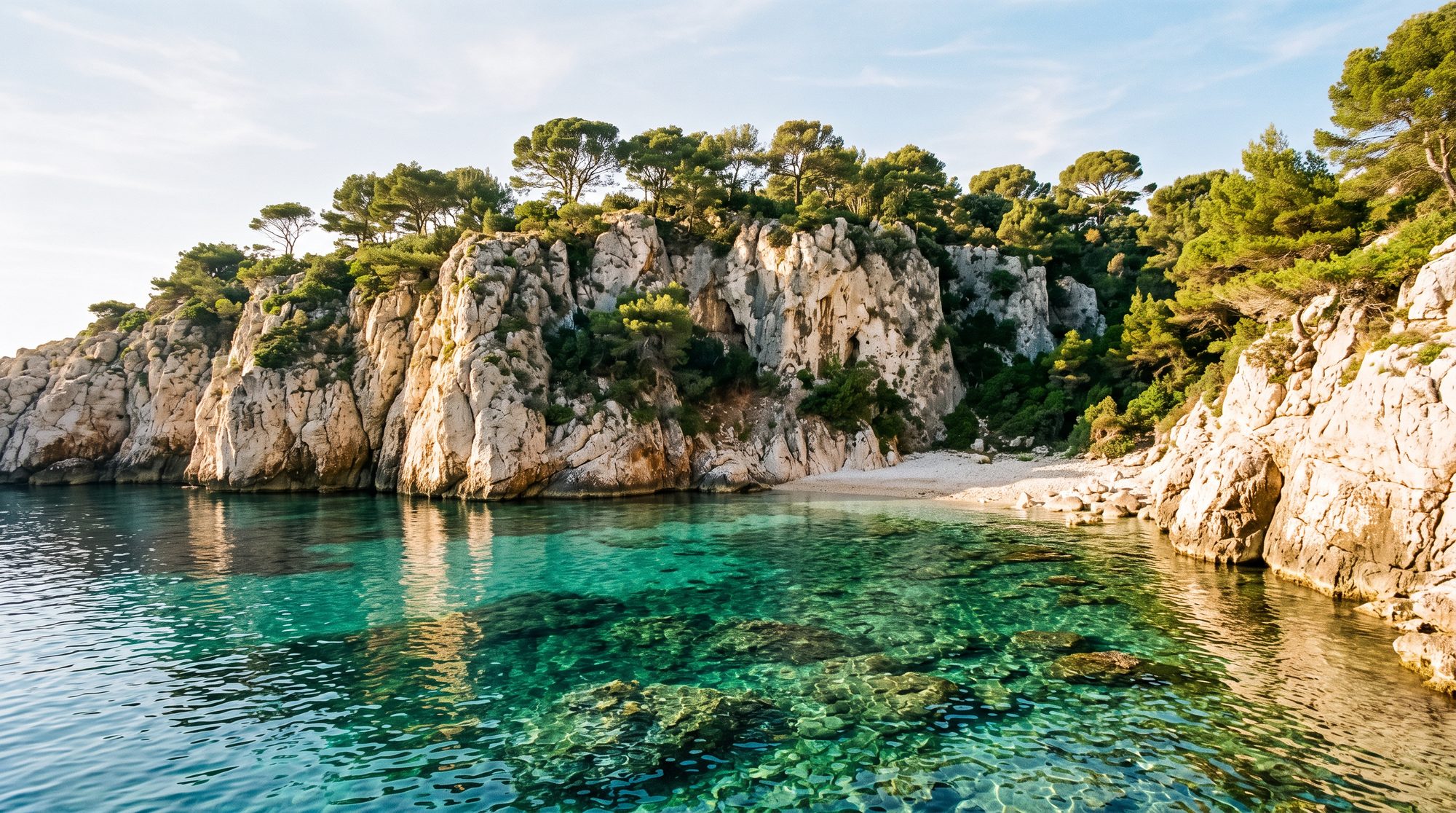 A hidden cove of clear turquoise water beneath limestone cliffs and umbrella pines