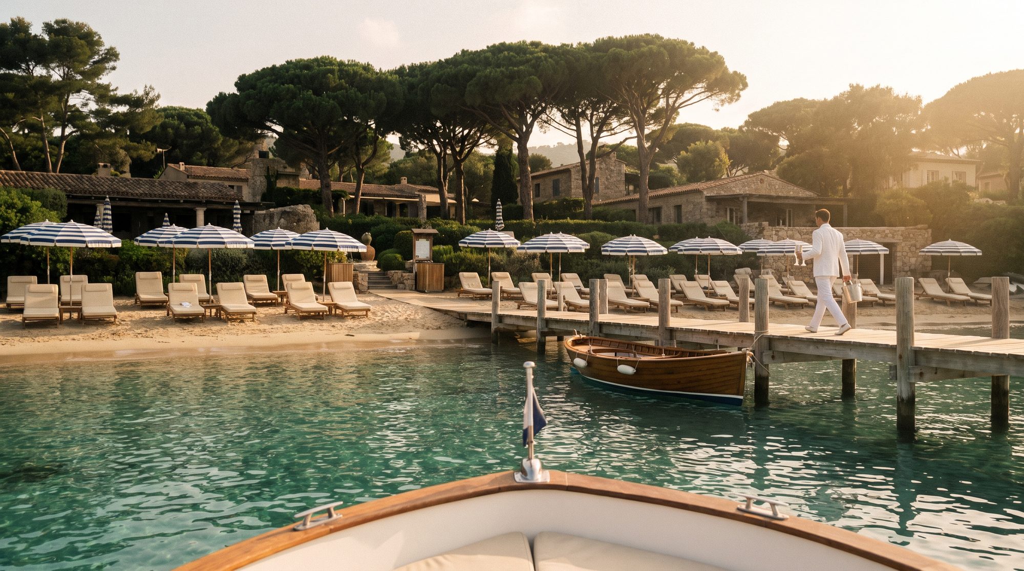 A Riviera beach club at the water's edge, the jetty waiting for the tender