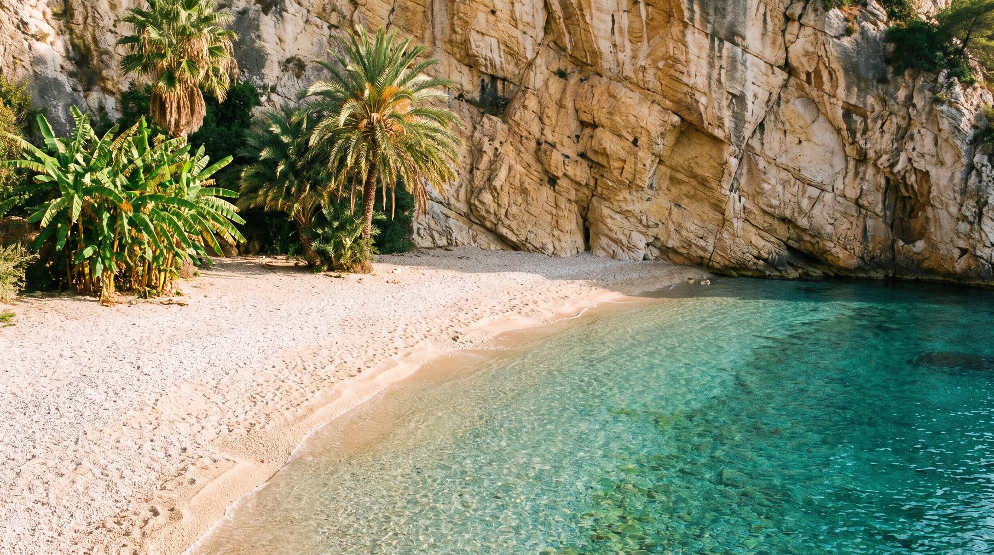 Petite Afrique — palms down to the sand, the limestone gold behind