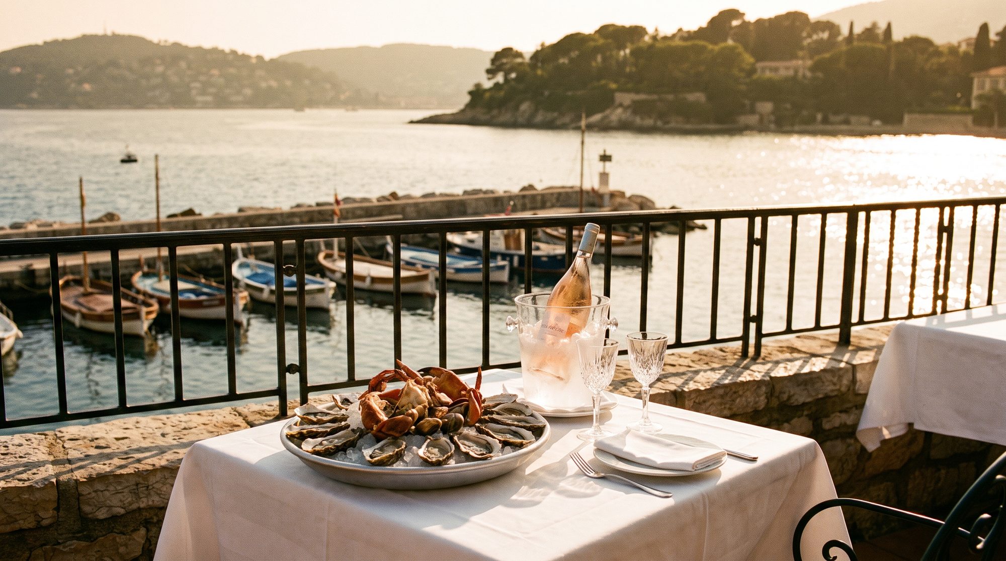 A waterfront table in Beaulieu at golden hour, Cap Ferrat across the bay