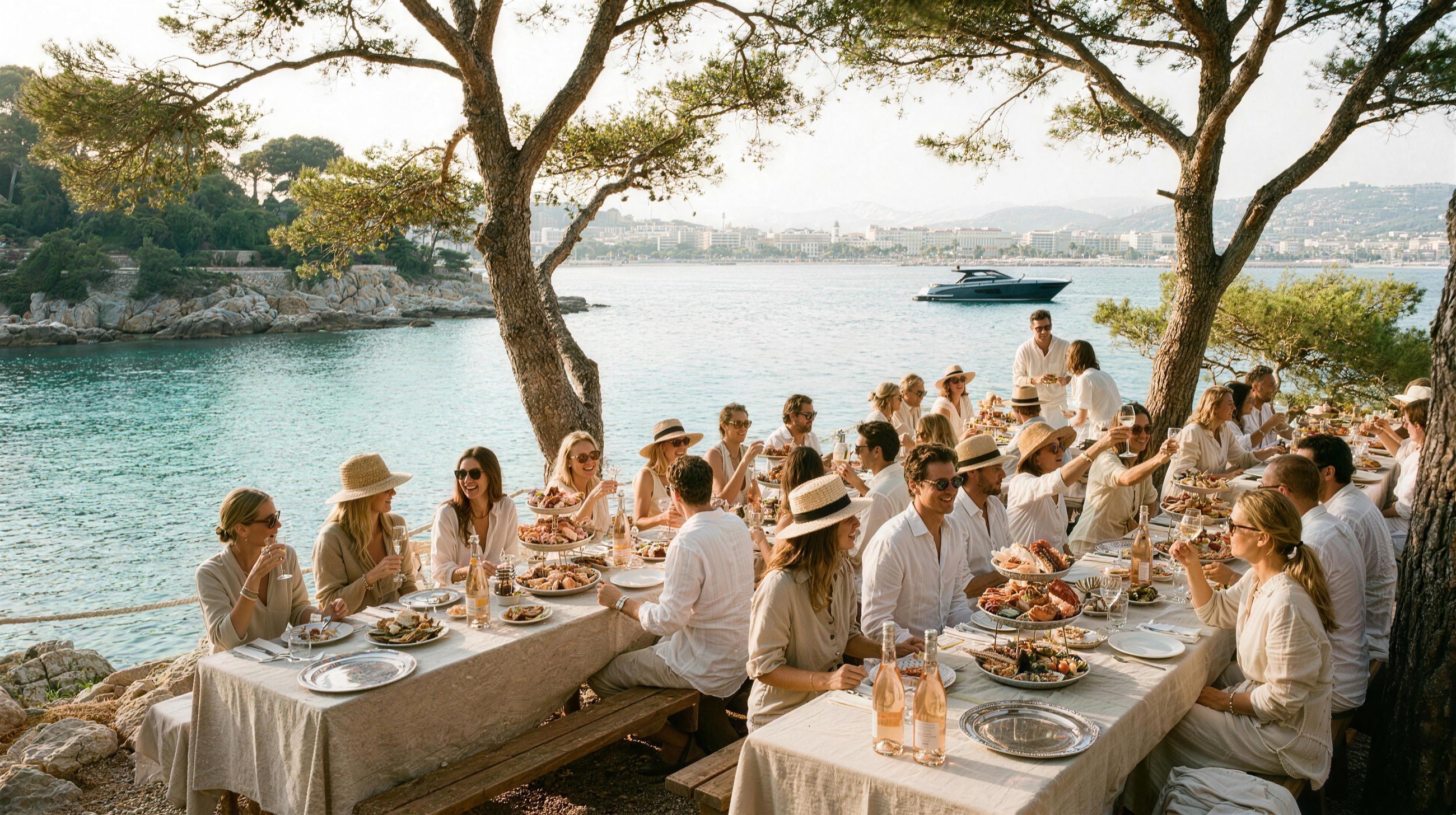 A long island lunch table at the water's edge off Cannes, boats anchored in the turquoise bay