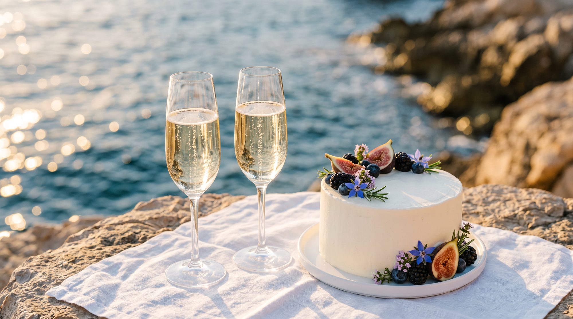 Champagne, a small cake and flowers on white linen, golden sea behind