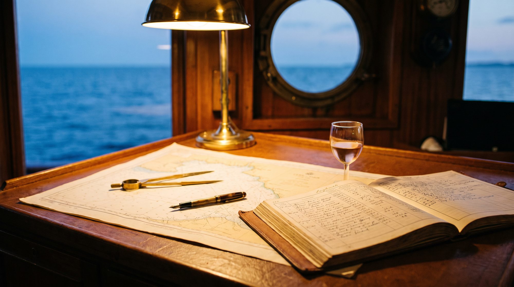 The captain's chart table — logbook, dividers, an honest ledger