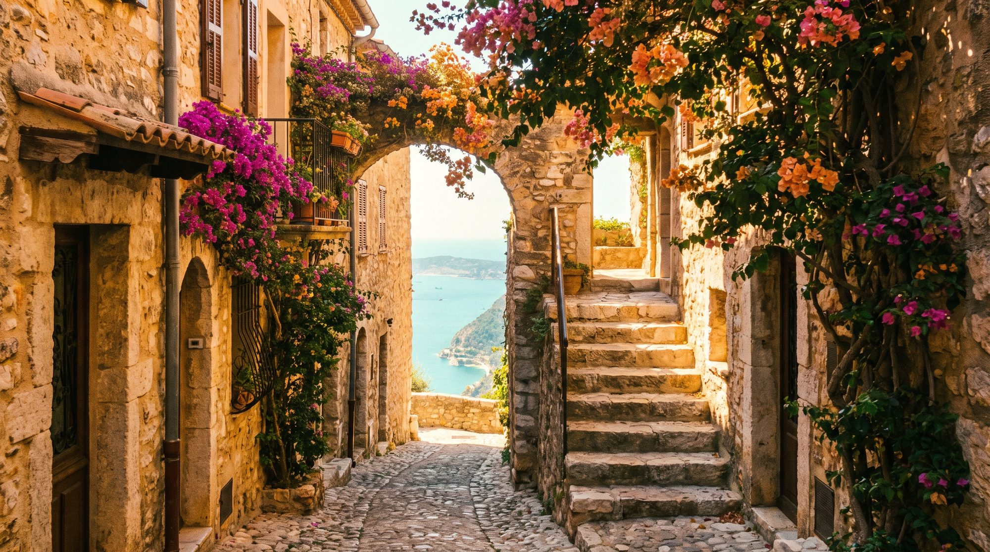 A stone lane climbing through the village toward the sea light