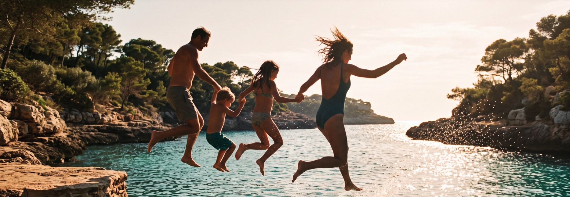 A family of four holding hands mid-leap into a turquoise cove