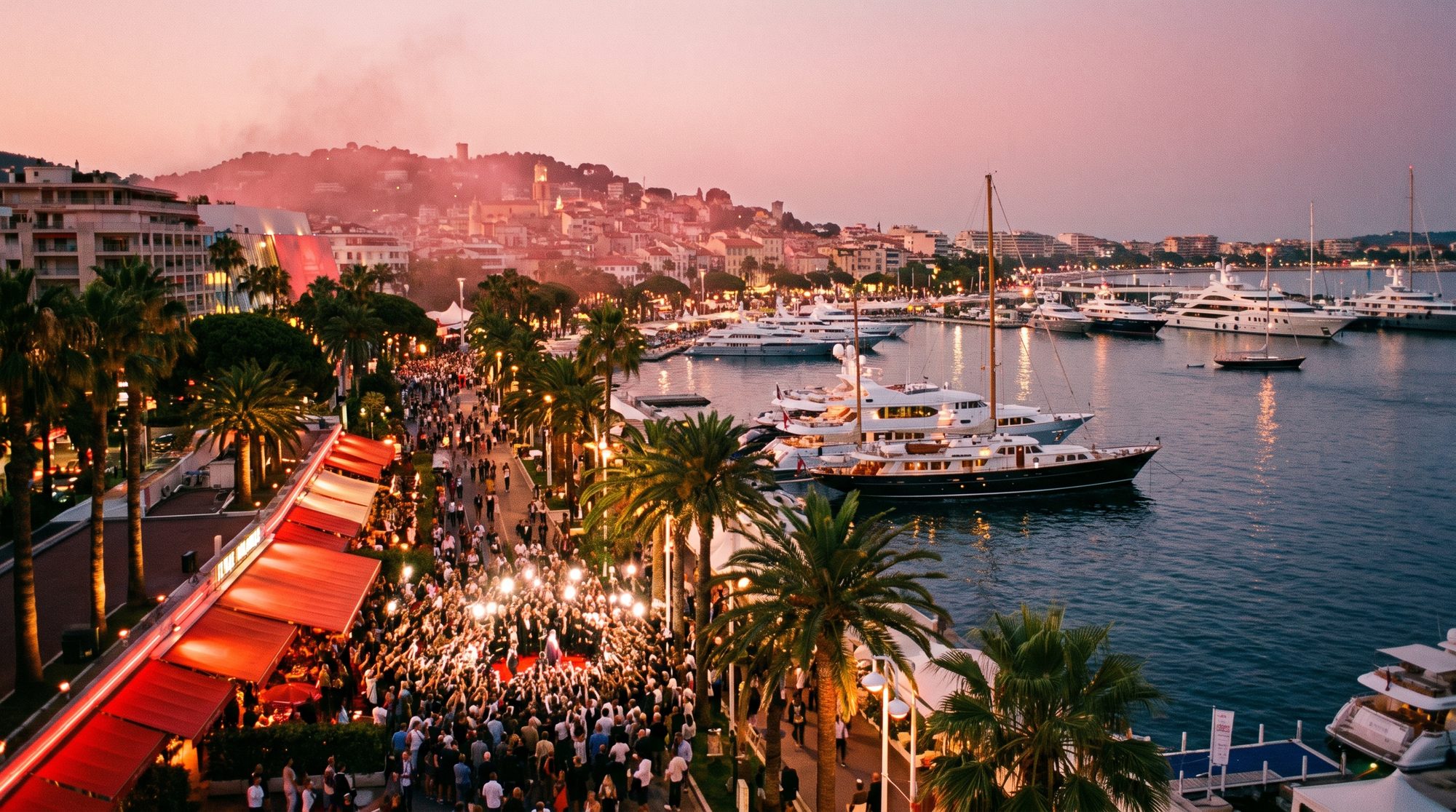 Cannes in festival week, seen from the bay at dusk