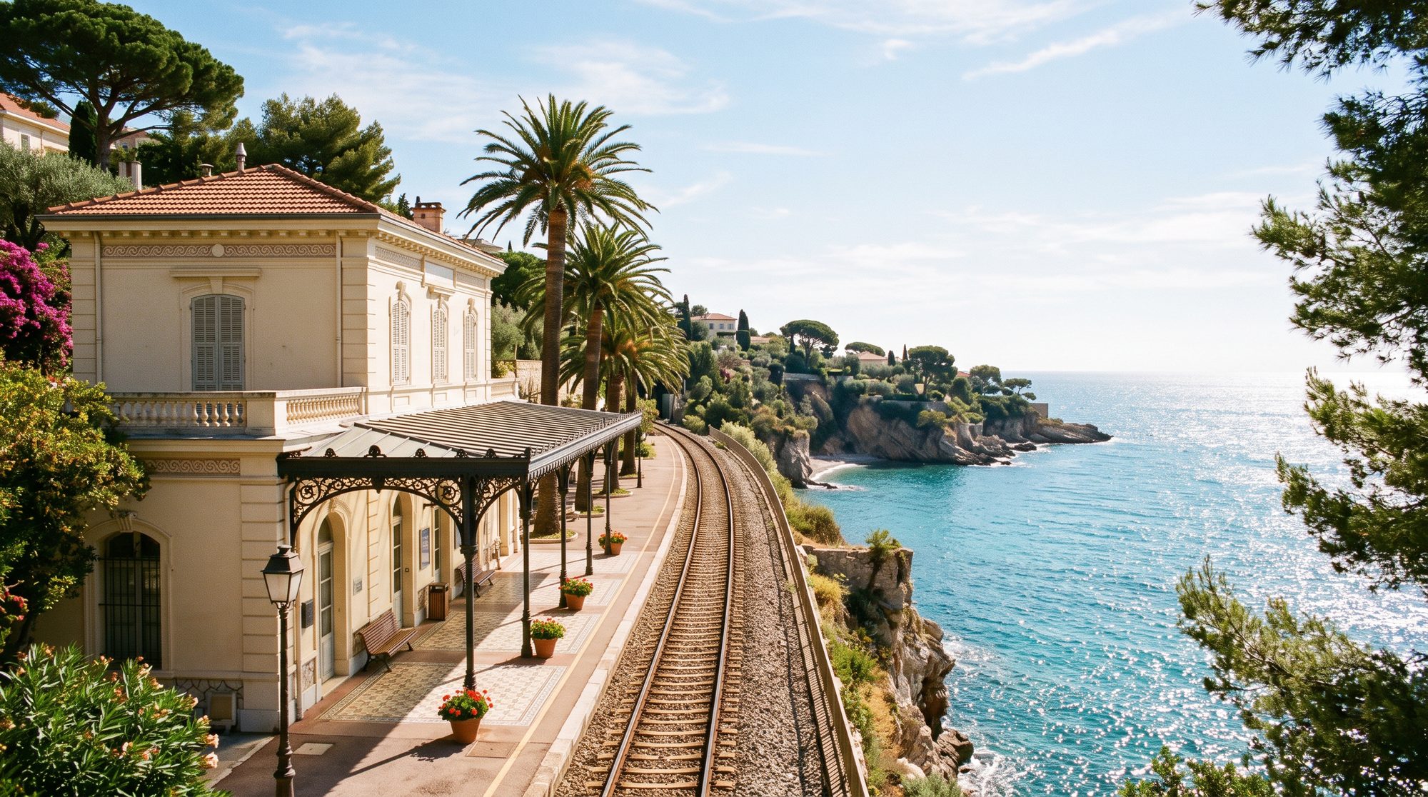 A Belle-Époque platform with palms, the sea just beyond the tracks
