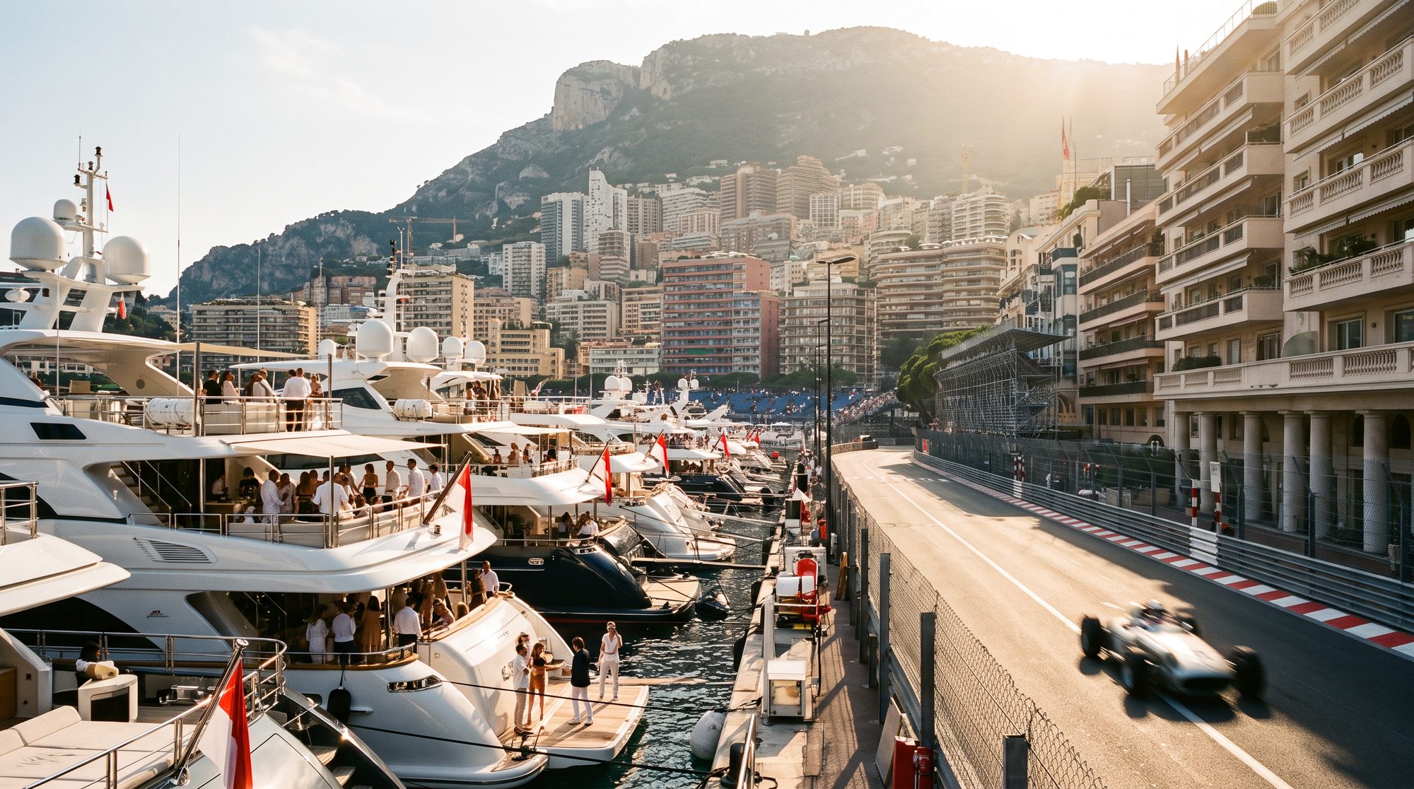 Monaco's harbour in race week — grandstands on the corniche, yachts rafted stern-to