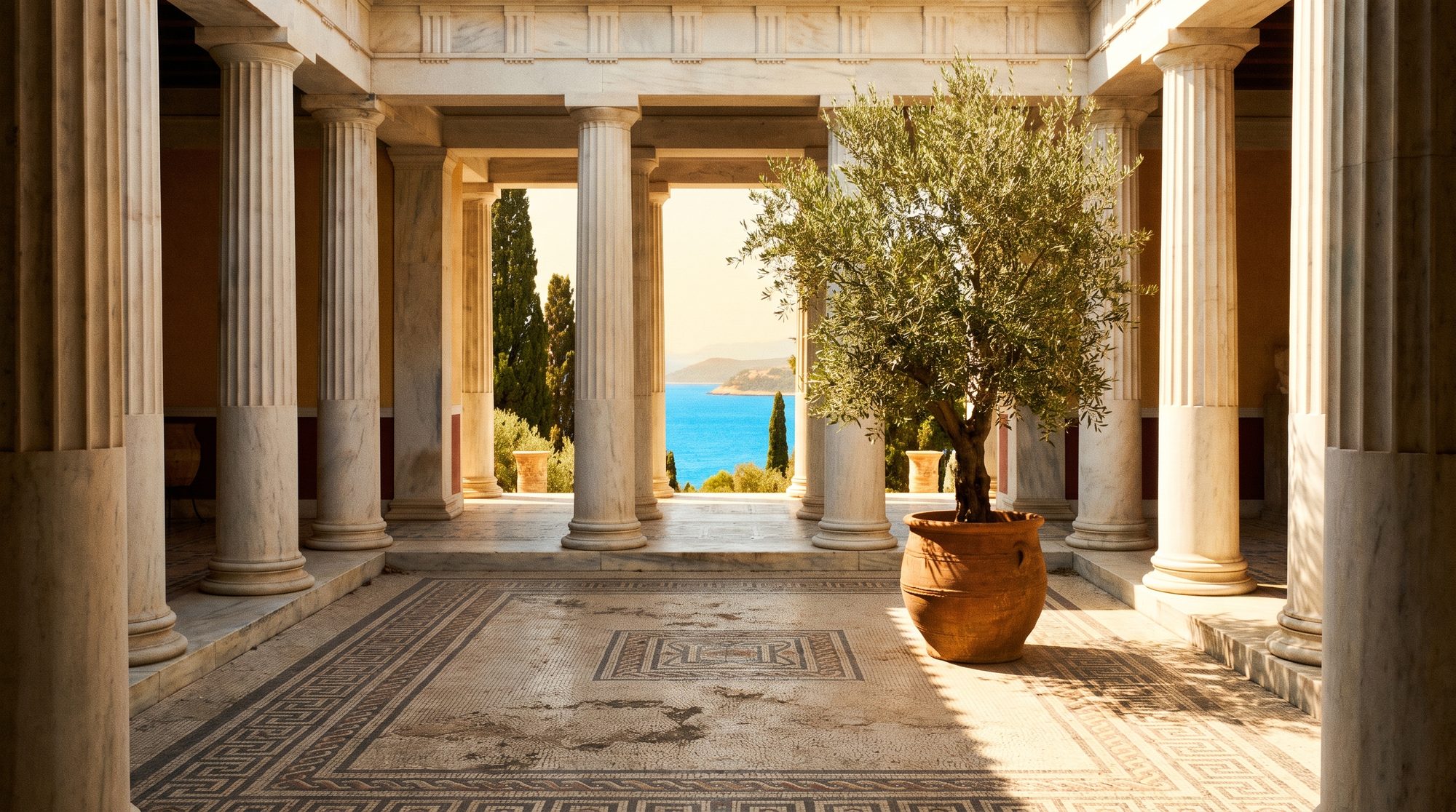 A classical peristyle by the sea — an evocation in the Kérylos spirit, not the villa itself