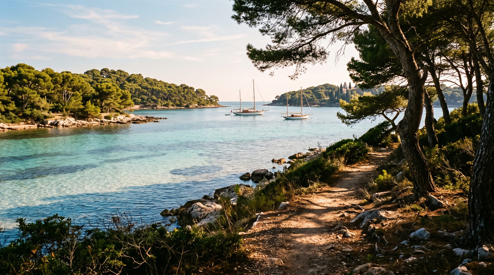 Turquoise shallows between the pine-covered Lérins islands