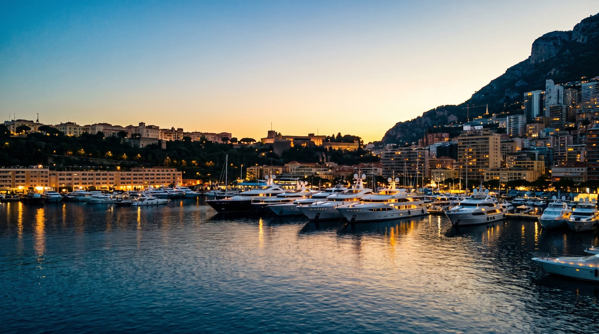 Port Hercule at dusk, the deck lights coming on
