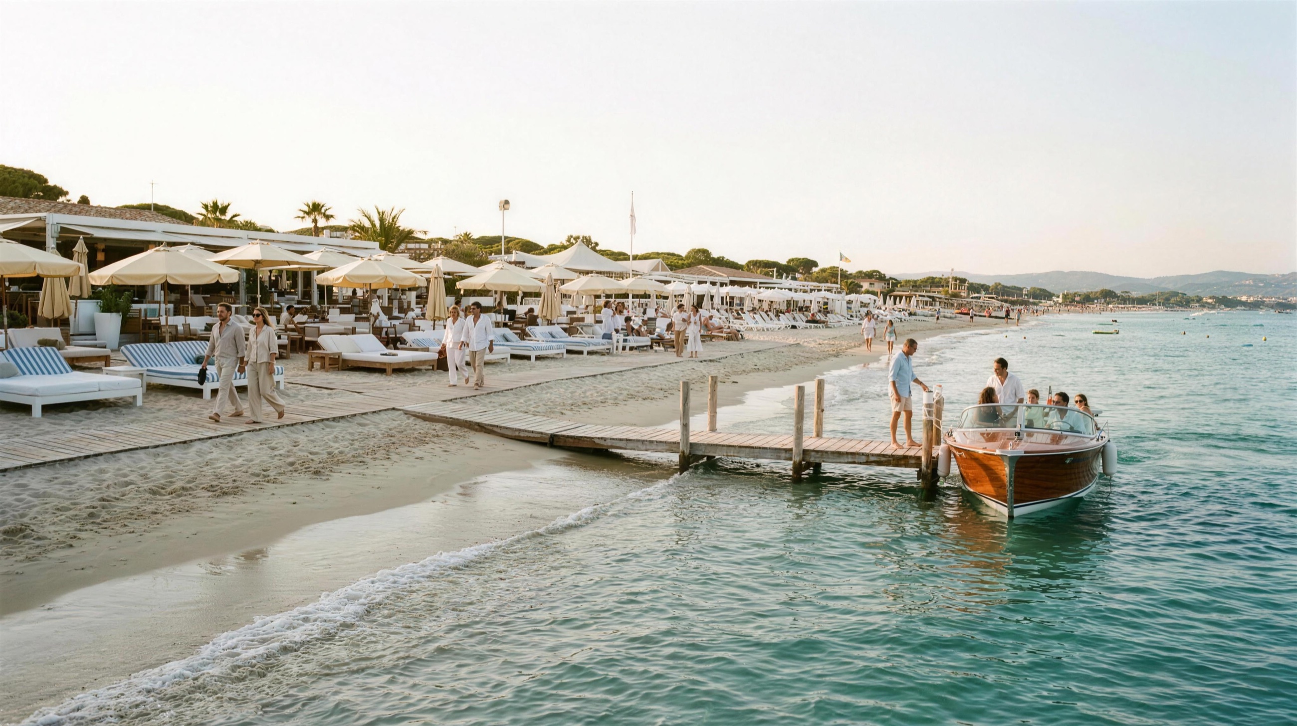 Pampelonne beach from the water at golden hour — parasols, daybeds and a pontoon into the shallows