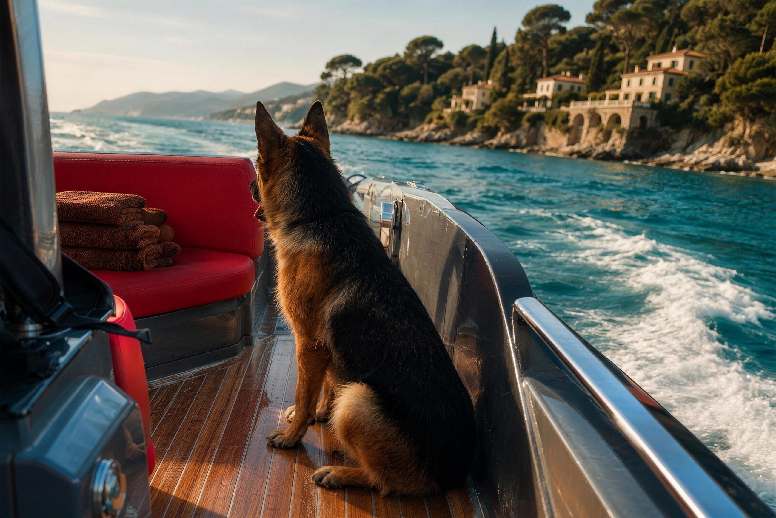 A German shepherd sitting on the teak deck beside red upholstery, watching the Riviera coast go by