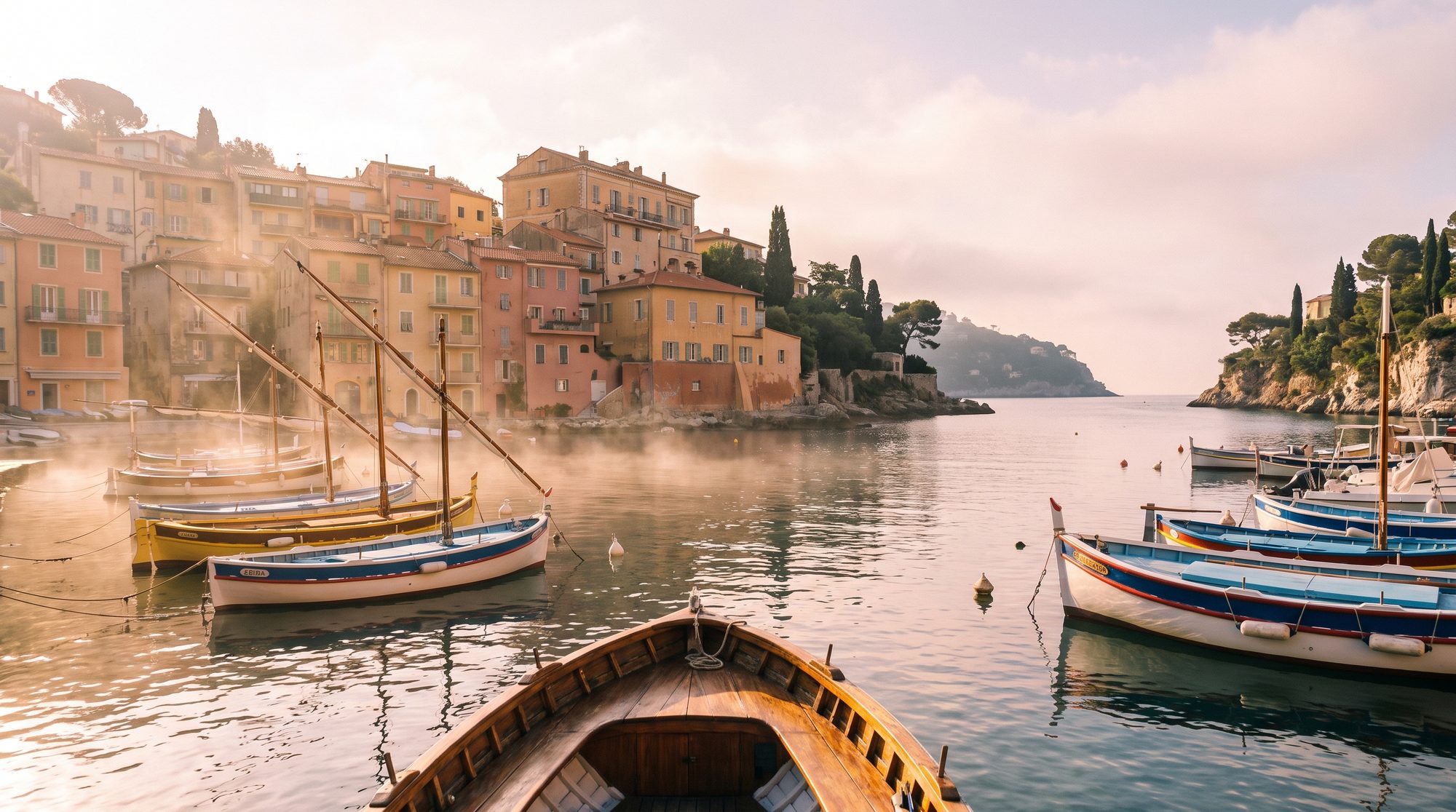 Villefranche's amphitheatre of ochre houses over a glassy morning bay