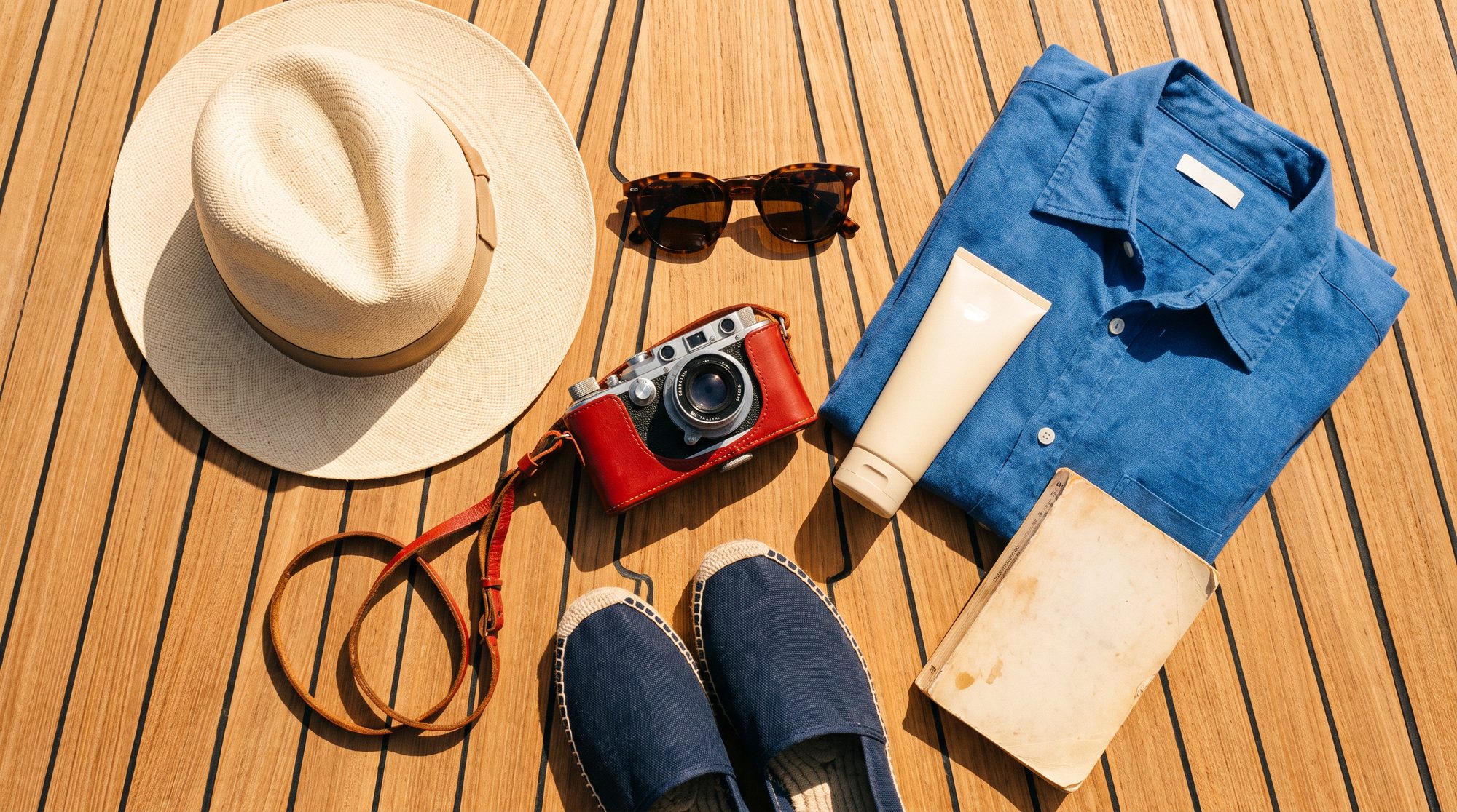 The whole bag, laid out on teak — hat, linen, espadrilles, a paperback