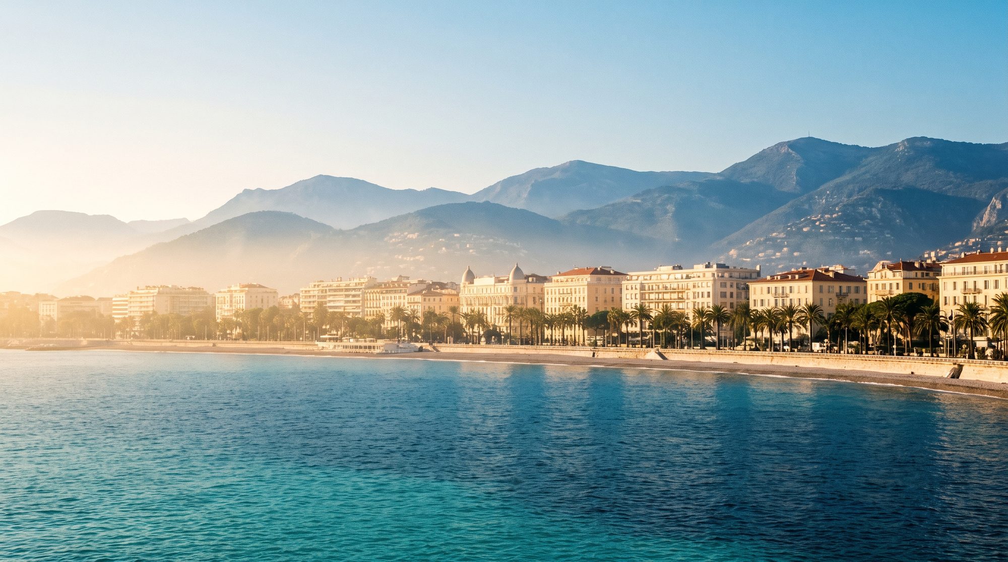 The Baie des Anges at Nice, the bay curving away under the Alpes-Maritimes