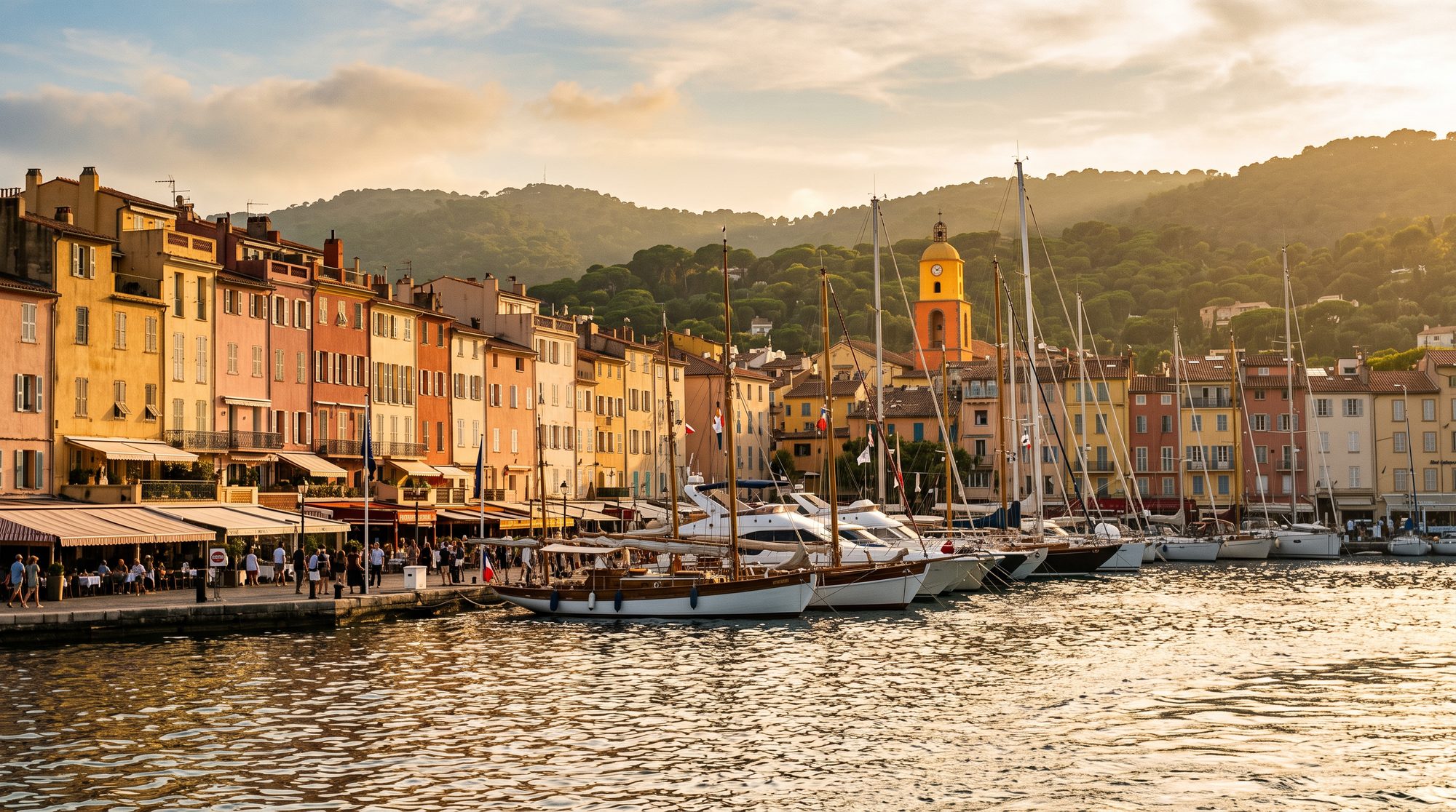 The old port of Saint-Tropez at golden hour — pastel quay, masts and awnings