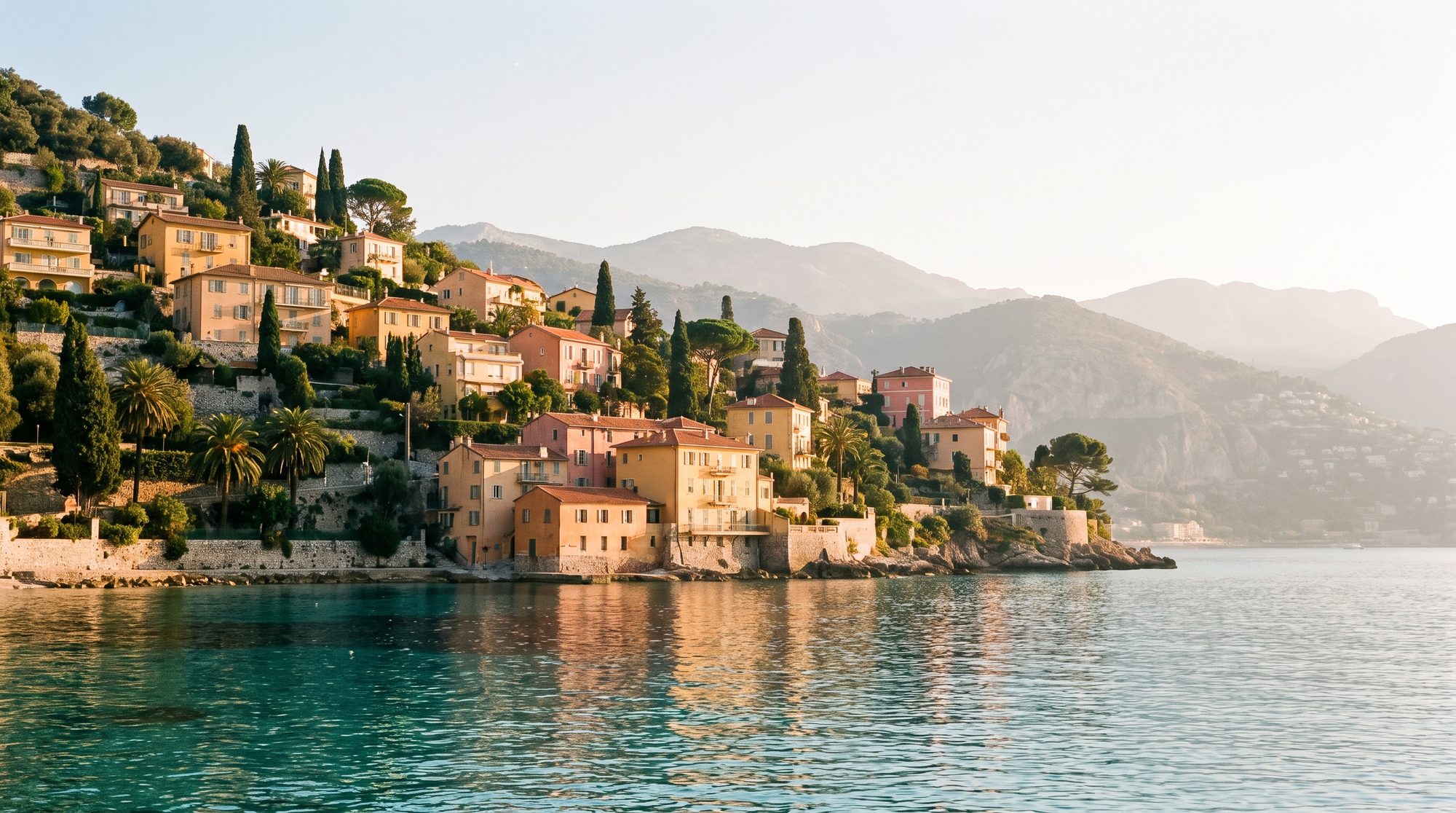 The deep bay at Villefranche-sur-Mer, ochre houses stacked down to the waterfront