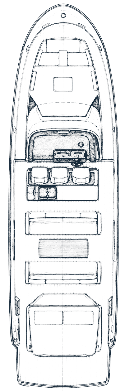 Rebel 47 main-deck plan: bow sunbeds, helm, galley, table and aft lounge