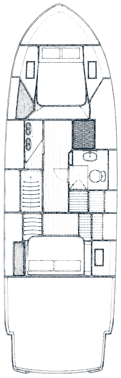 Rebel 47 lower-deck plan: VIP cabin, shower room, master cabin and stowage