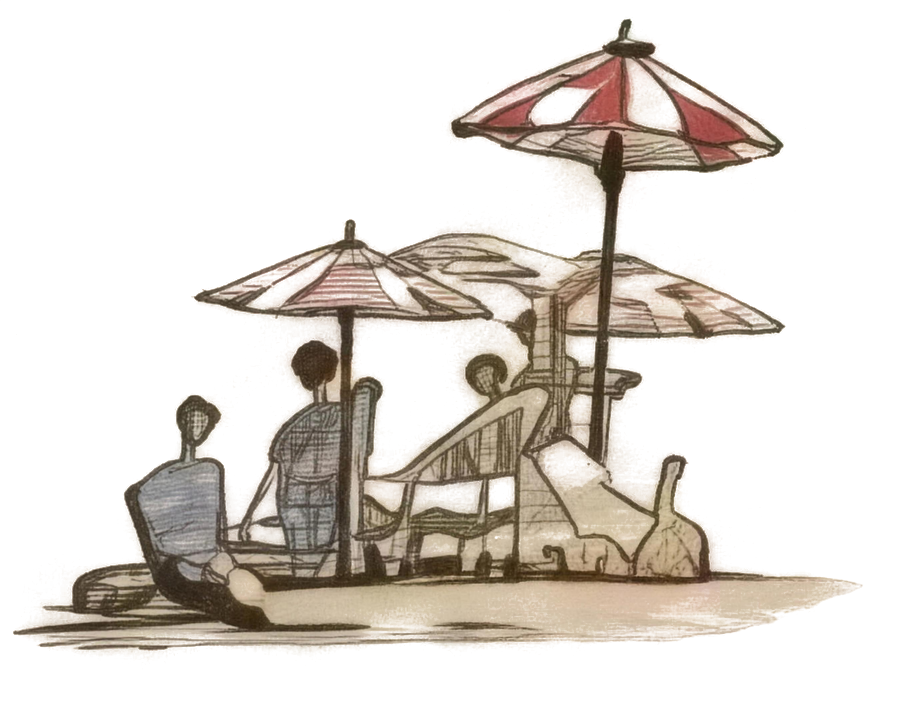 Engraved beach club with parasols at Beaulieu-sur-Mer