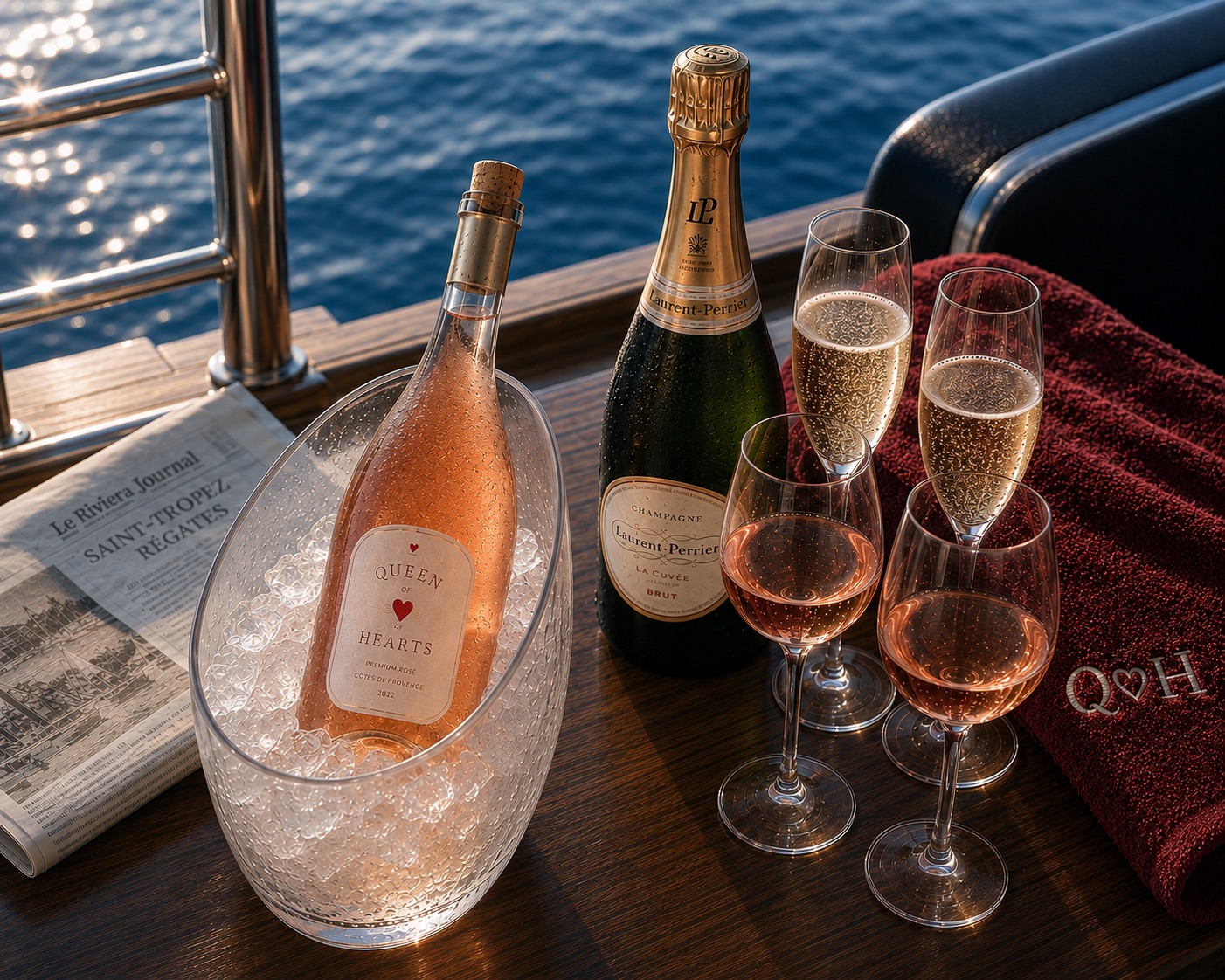 Queen of Hearts rosé on ice beside Laurent-Perrier, filled flutes and a monogrammed QH towel on the teak table at golden hour