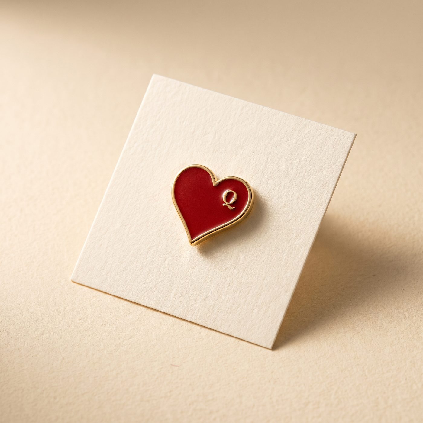 Small gold and red enamel heart lapel pin on a cream card