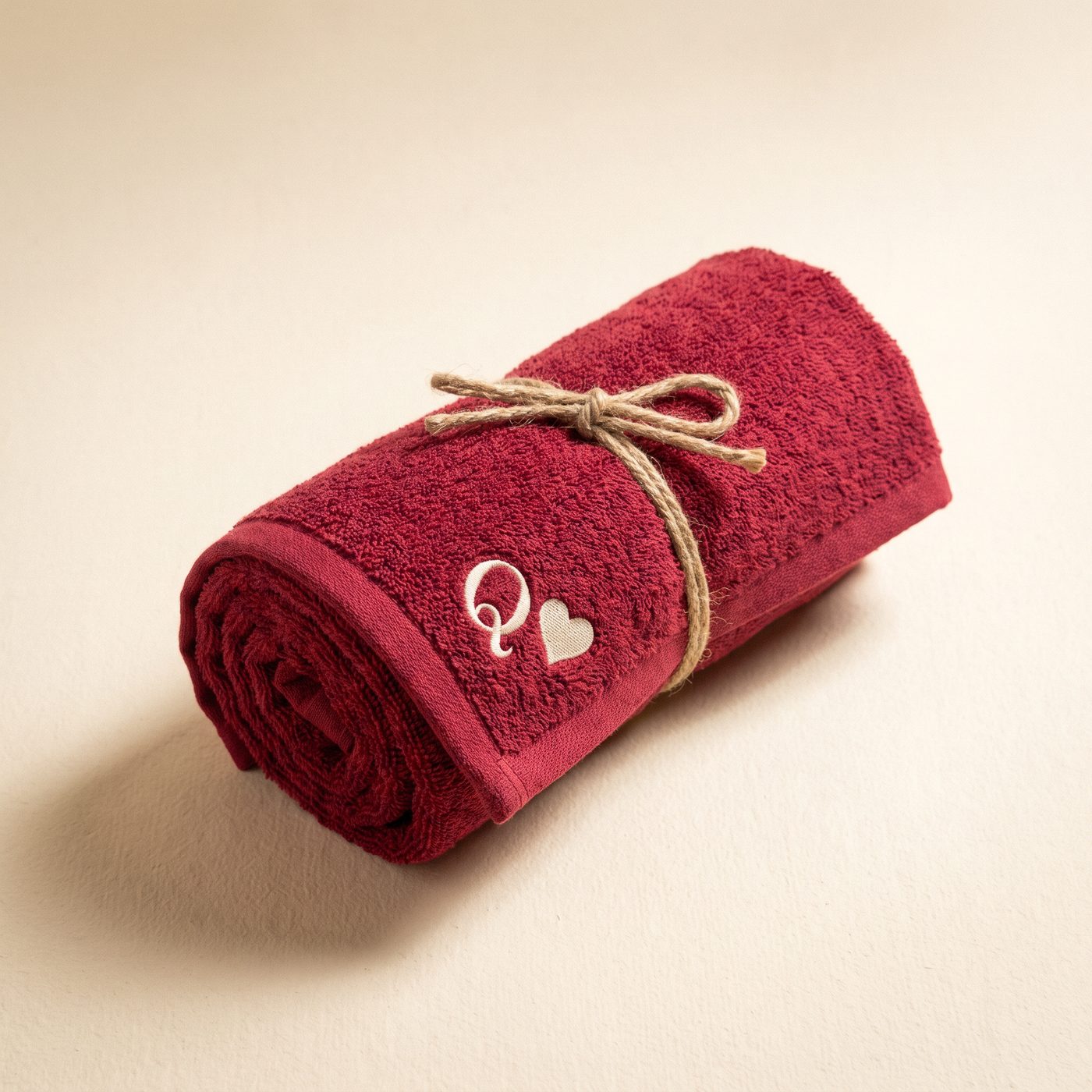 Deep red rolled beach towel tied with rope, cream Q♥ monogram